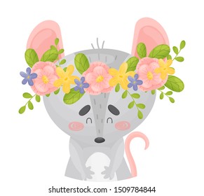 Mouse with a wreath on his head. Vector illustration on a white background.