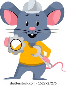 Mouse with wrench, illustration, vector on white background.
