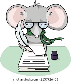 mouse writes with a pen in glasses