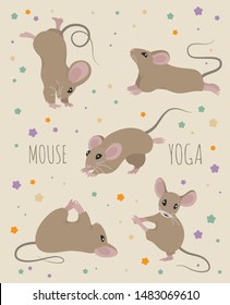 Mouse yoga poses and exercises. Cute cartoon clipart set. Vector illustration