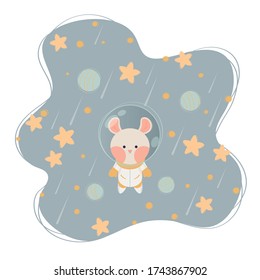 Mouse-cosmonaut in a light suit on a dark blue background with yellow stars and blue planets