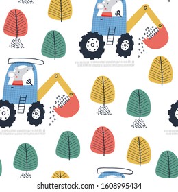 Mouse-farmer: seamless pattern with cute trsctor and trees for fabric, wrapping, textile, wallpaper, apparel design. Vector illustration background. 
