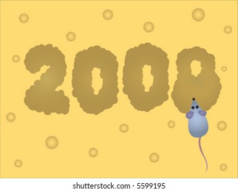 The mouse(rat) gnaws out figures 2008 on a piece of cheese. 2008 on the Chinese calendar year of a rat.