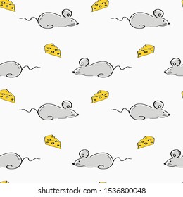 Mouse/rat seamless pattern vector illustration. Gray mouse and yellow cheese. Concept for textiles, wallpaper, background, 