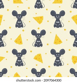 Mouses and cheese colorful seamless pattern on yellow background. Funny animal character print