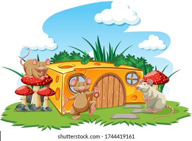 Mouses with cheese house in the garden cartoon style on sky background illustration