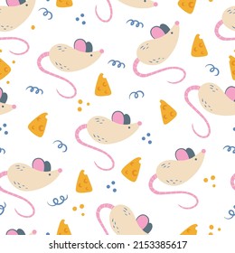 Mouses with cheese. Vector. Cartoon style. Seamless Pattern, Background, Wallpaper. Perfect for prints