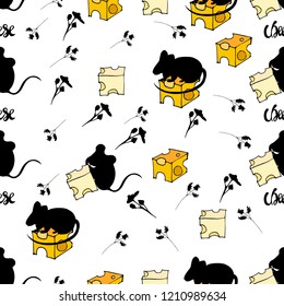 Mouses and cheeses isolated om white background,animals set,funny pattern,clip art for textile,cute design,yellow,black,vector set