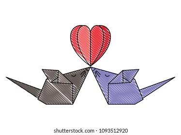 mouses couple origami paper with heart