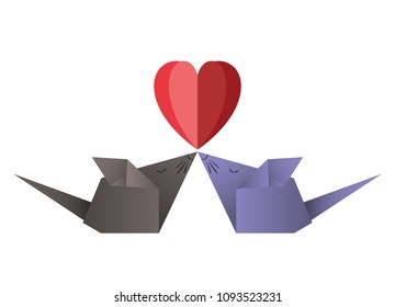mouses couple origami paper with heart