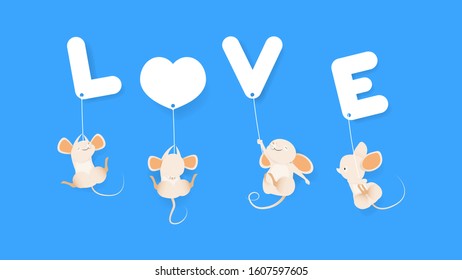 Mouses hang with love character balloons  in cloud and blue sky background for Valentine decorations, illustration vector.