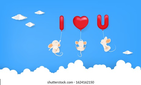 Mouses hang with I Love You sign character balloons  in cloud and blue sky background for Valentine decorations, illustration vector.