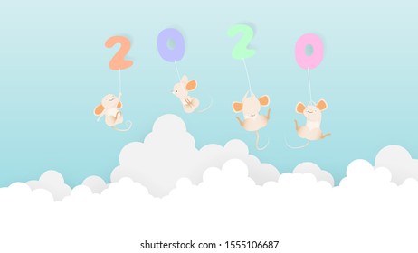 Mouses hanging with 2020 characters floating in to sky for New year decorations, illustration vector