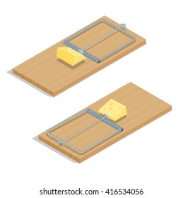 Mousetrap with cheese Flat 3d vector isometric illustration