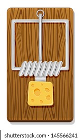 Mousetrap with cheese isolated on white background, illustration.
