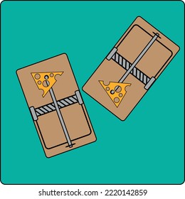 Mousetrap. Cheese Lure. Animal Trap Flat Design, Vector