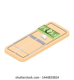 Mousetrap with dollar banknote isolated on white background isometric view. Make free money concept