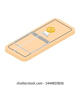 Mousetrap with golden bitcoin coin isolated on white background isometric view. Make free money concept