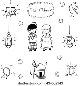 Mousque and set mubarak doodle with hand draw