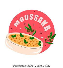 Moussaka casserole with vegetables and minced meat. Greek cuisine, dish, food. Vector illustration