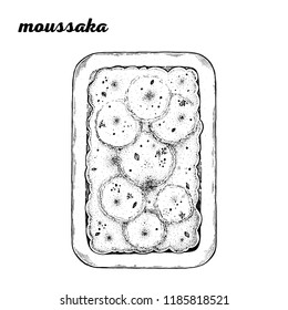 Moussaka hand drawn vector illustration. Greek cuisine. Linear graphic. Food sketch.