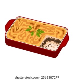 Moussaka. Traditional Greek cuisine. Food. Casserole with vegetables and meat. Flat illustration on white background.