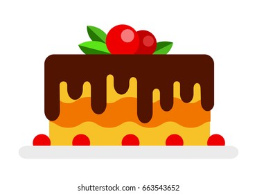 Mousse cake with chocolate icing and berries vector flat material design isolated on white