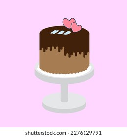 The mousse cake is decorated with chocolate mirror glaze on grey base a cake isolated on pink background. Using for advertising restaurant, logo, package, menu, poster, banner. Vector illustration.