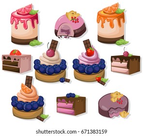 Mousse chocolate delicious cakes set collection. Sweet dessert blackberry flavors Vector illustration
