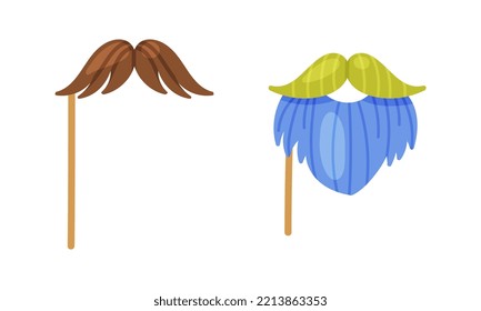 Moustache and beard on stick. Carnival party objects set cartoon vector illustration