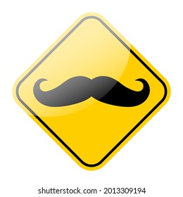 Moustache black icon on yellow street sign frame. Men grooming barbershop symbol. Vector illustration. 