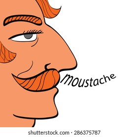 Moustache concept vector illustration. Mustashe man. Cartoon character red-haired man profile with word. Pop art. Hipster. 