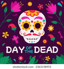 Moustache flowery skull on day of the dead.