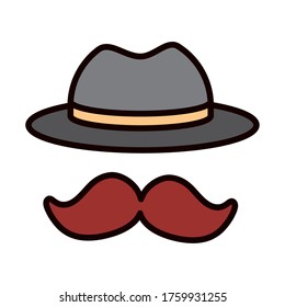 moustache and hat accessory celebration vector illustration line and fill icon