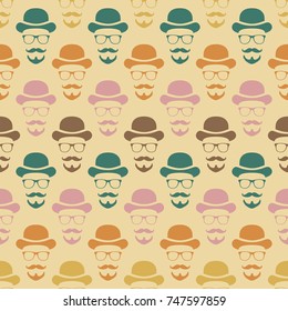 Moustache, hat and glasses pattern vintage background in soft colors, vintage design, mannish background