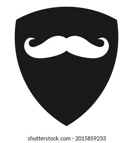 Moustache icon on a black shield frame. Curly facial hair symbol. Vector illustration. 