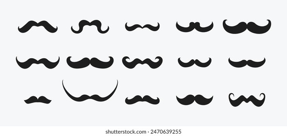 Conjunto de iconos de bigote. Colección de exuberantes bigotes hipster. Estilo retro caballero. Logo de Barbershop. Ilustración vectorial aislada sobre fondo blanco.