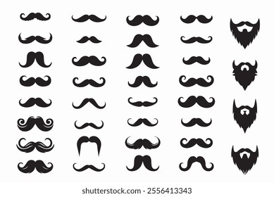 Moustache icon set. Stylish facial hairs. Pack of moustaches and beards for social media avatars. Fashion, aesthetics and elegance. Flat vector collection isolated on white background