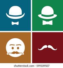 moustache icons set. Set of 4 moustache filled icons such as mustache, emot with mustache, hat and moustache