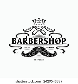 Moustache illustration barbershop logo design. Black color on white background