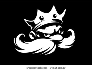 Moustache king in crown. Black and white logotype. king character face. vector logotype.