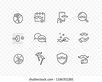 Moustache Line Icon Set Isolated On Transparent Background. Care Mustache, No Shave And Scissors Signs. November Month Prostate Cancer Awareness Campaign Icons. Vector Outline Stroke Symbols.