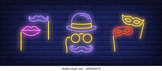 Moustache, lips, masks on sticks and pince-nez neon signs set. Carnival, fun, party, masquerade design. Night bright neon sign, colorful billboard, light banner. Vector illustration in neon style.