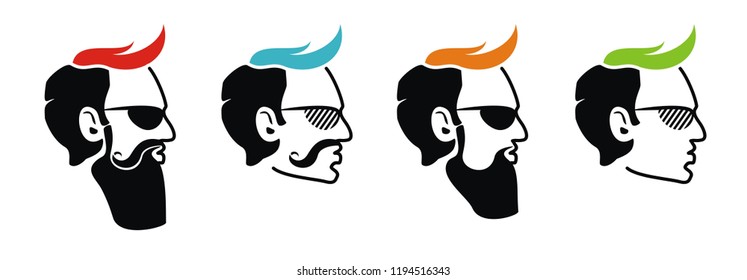 Moustache man and beard man in sunny glasses. Hipster portrait. Social icon in flat style. Autumn traditions. Beardmen sign. Fashion art. Vector illustration.