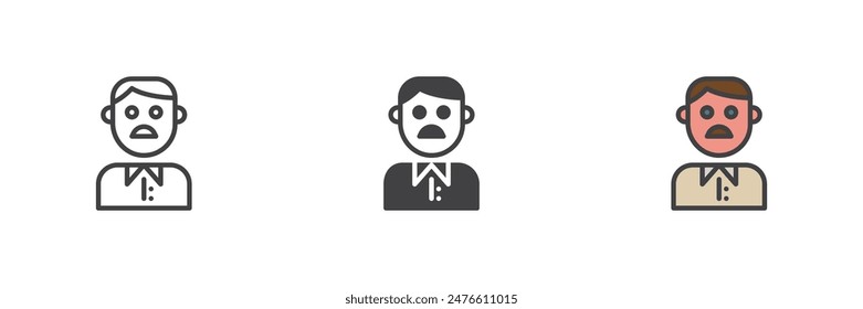 Moustache man different style icon set. Line, glyph and filled outline colorful version, outline and filled vector sign. Symbol, logo illustration. Vector graphics