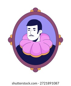 Retrato de homem bigode com colarinho babado em quadro ornamentado personagem de desenho animado 2D. Renascença. Barroco nobleman traje histórico vetor plana pessoa isolada no branco. Ilustração especial colorida
