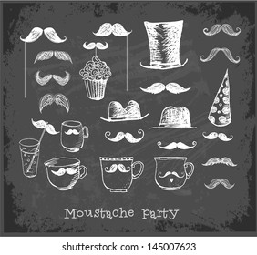 Moustache party objects on blackboard. Cups with moustaches, Sketchy vector illustration.