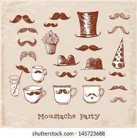 Moustache party objects in vintage style Hand drawn with ink. Cups with moustaches, Sketchy vector illustration. 
