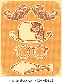 Moustache party.Vector vintage illustration on old paper