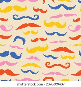 Moustache Pattern. Seamless Print With Different Retro Style Moustache Styles And Shaved Beards, Funny Party Mask Elements. Vector Texture